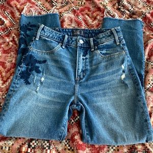 A&F embroidered floral high rise ankle flare jeans